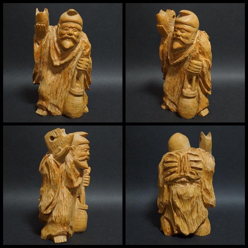 専用柘植細工彫り 一刀彫り『七福神』7体セット 荒彫り黄楊木縁起物総重4.8kg