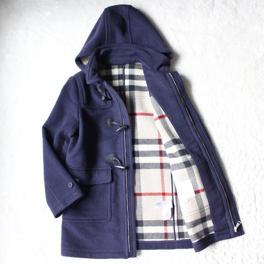 バーバリーチルドレン ダッフルコート 14Y ノバチェック フード ネイビー