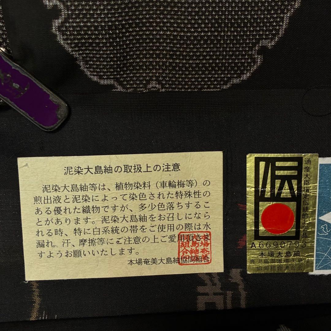 D81 本場大島紬 泥染め 雪輪 証紙付き 正絹 着物 袷 極美品