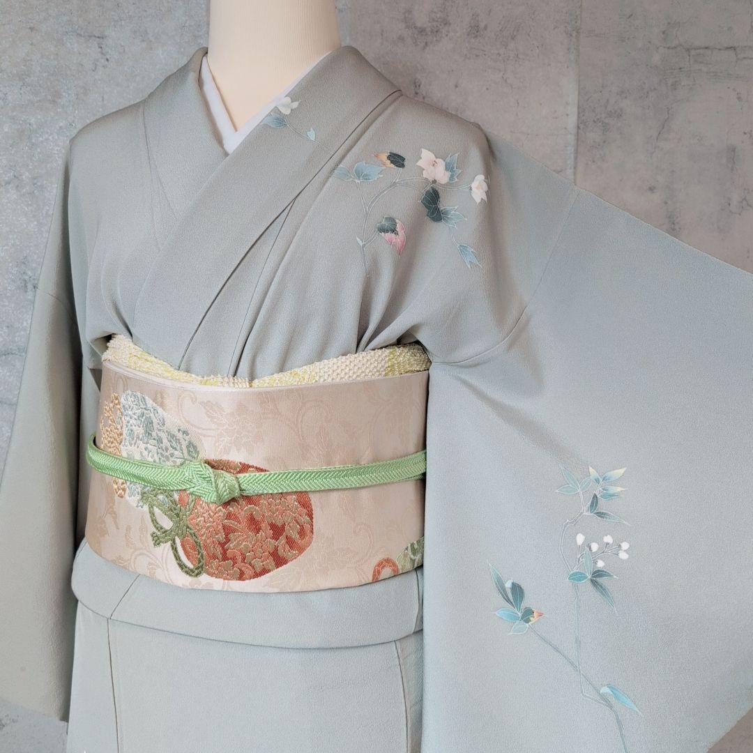 訪問着　フルセット　加賀友禅　虫食い　着物　正絹　花　祝い事　落款　E1