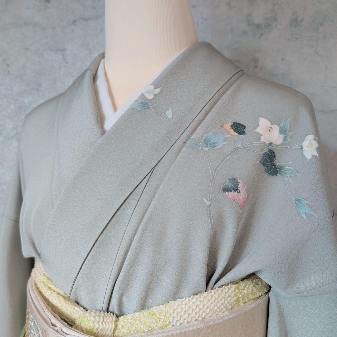 訪問着　フルセット　加賀友禅　虫食い　着物　正絹　花　祝い事　落款　E1