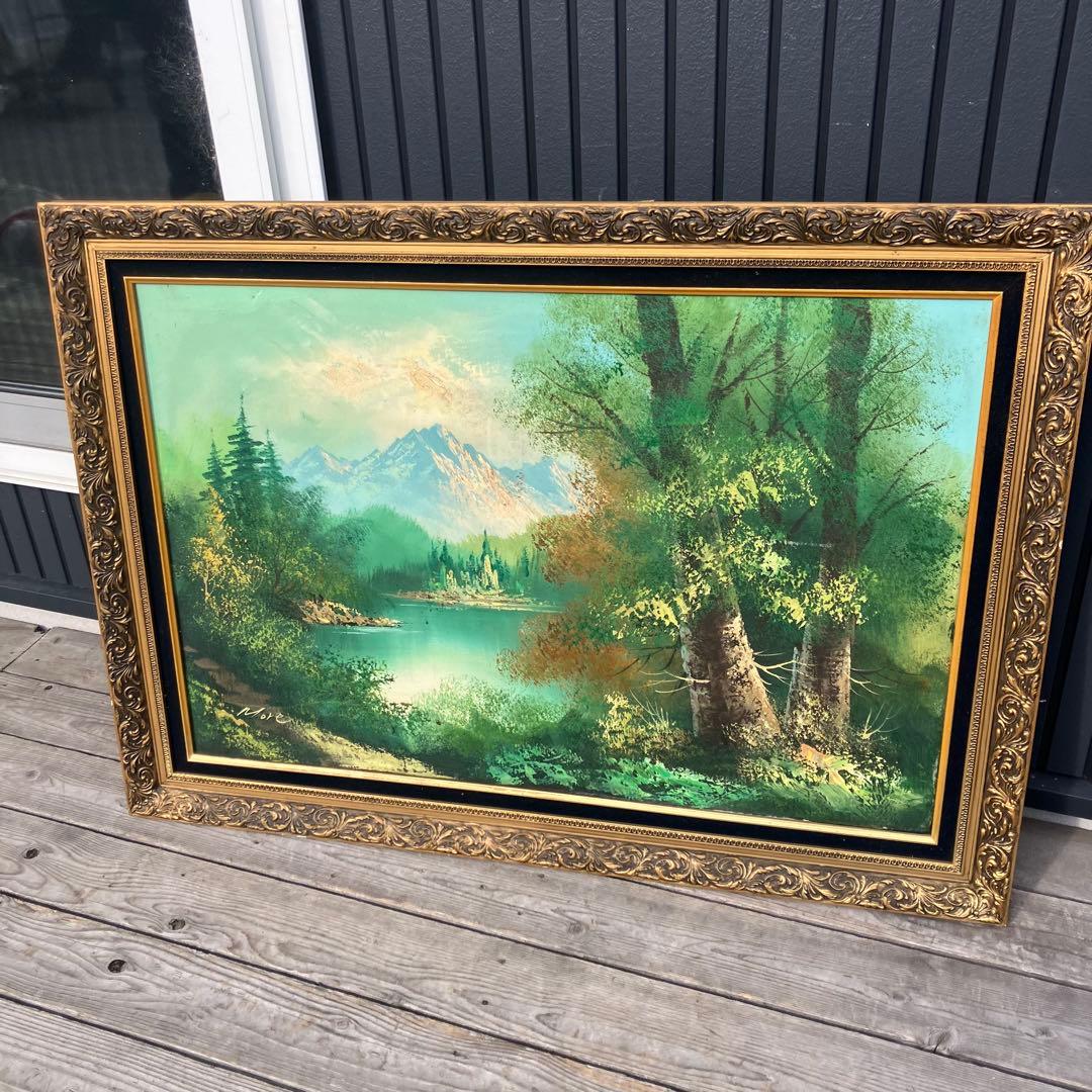 アンティーク More 山の湖畔 肉筆 油彩画 油絵 風景画 金縁額縁 額装絵画