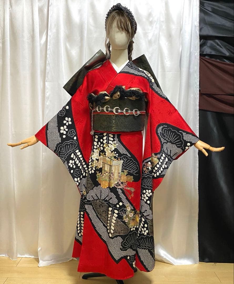 振袖 フルセット 絞り 赤黒 正絹