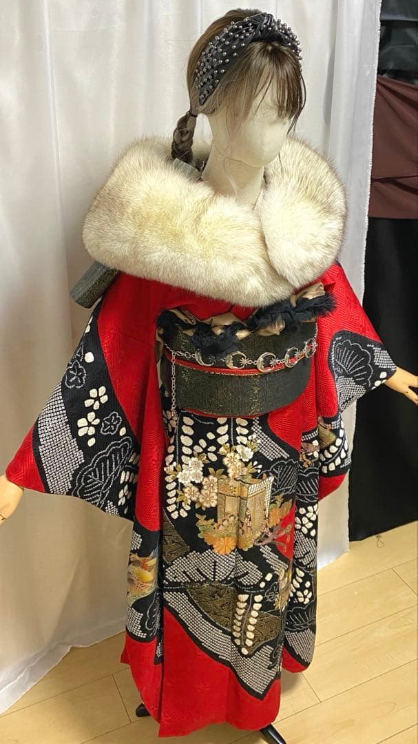 振袖 フルセット 絞り 赤黒 正絹
