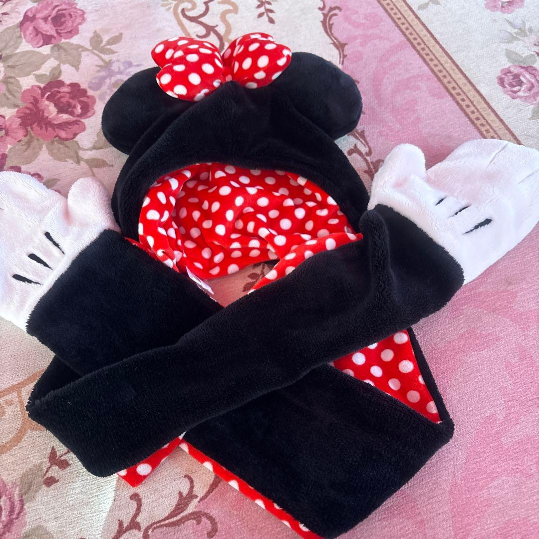 ミニーマウス 耳付きフリース帽子と手袋セット