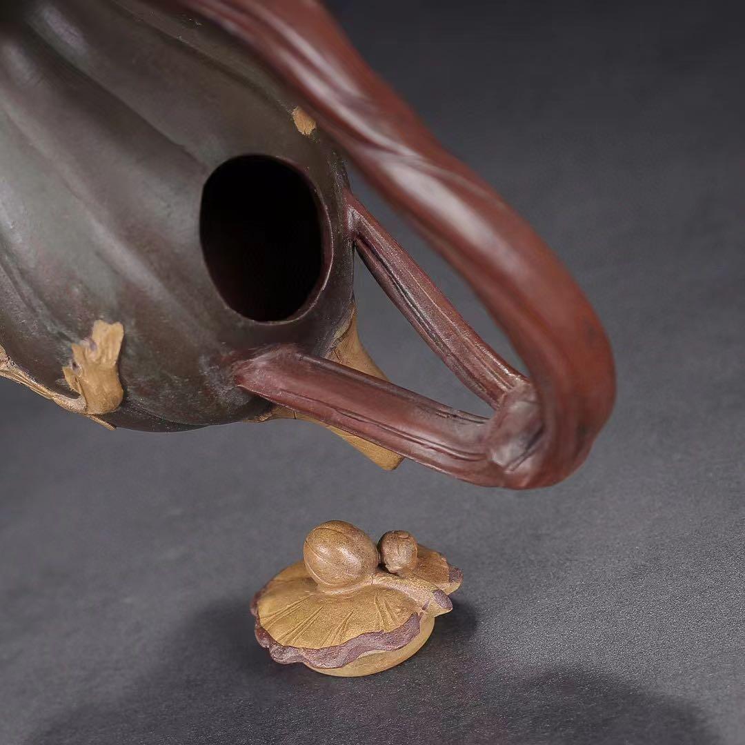 中国古美術・原鉱底槽清、紫砂泥、カボチャ提梁壺、汪寅仙紋 紫砂壺・急須