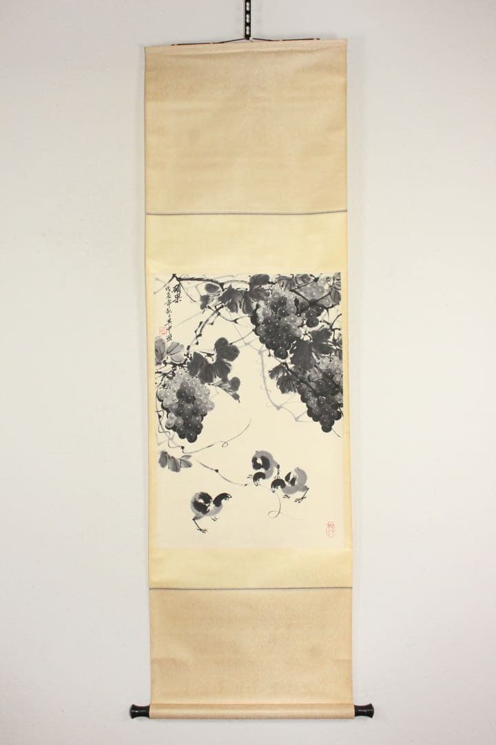 No5398 掛軸　陳其中　葡萄小禽図　紙本　中国画　水墨画　古画　送料無料
