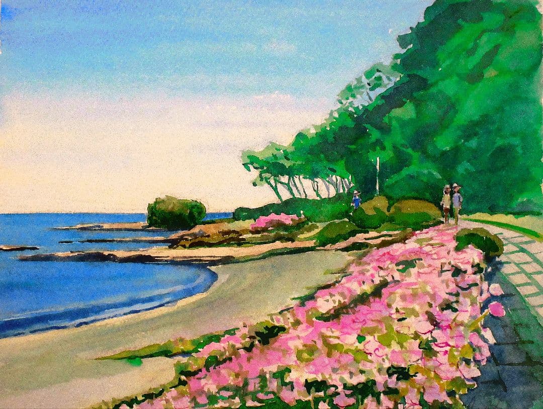 ハマ大根の咲く頃 水彩画 フレーム付き