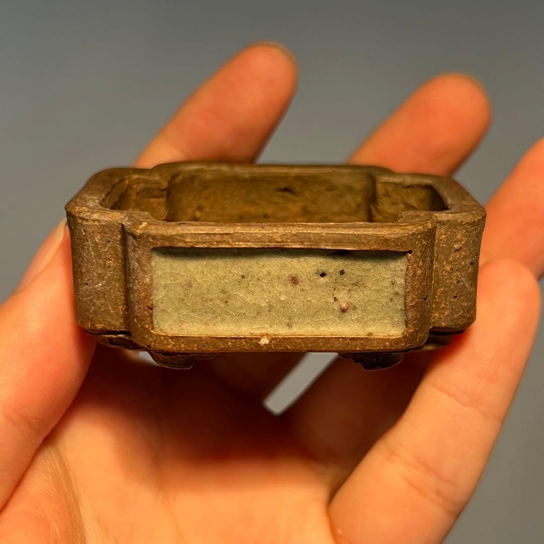 768.夢陶 隅角額入長方豆鉢 平成四年初窯 盆栽鉢 6*5.3*2.2cm