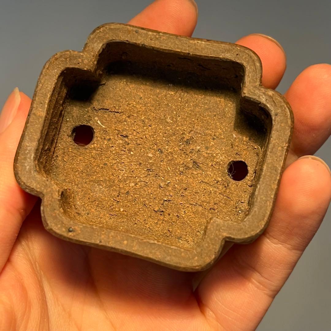 768.夢陶 隅角額入長方豆鉢 平成四年初窯 盆栽鉢 6*5.3*2.2cm