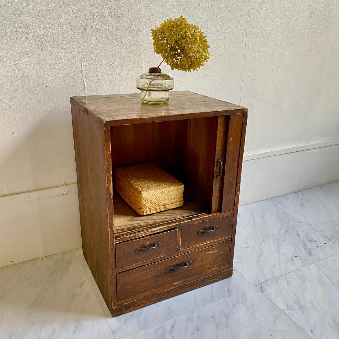 希少 アンティーク 蛇腹扉の小振りの棚 小引き出し 古道具