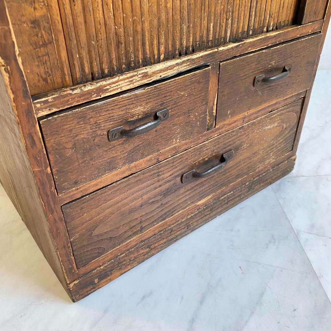 希少 アンティーク 蛇腹扉の小振りの棚 小引き出し 古道具