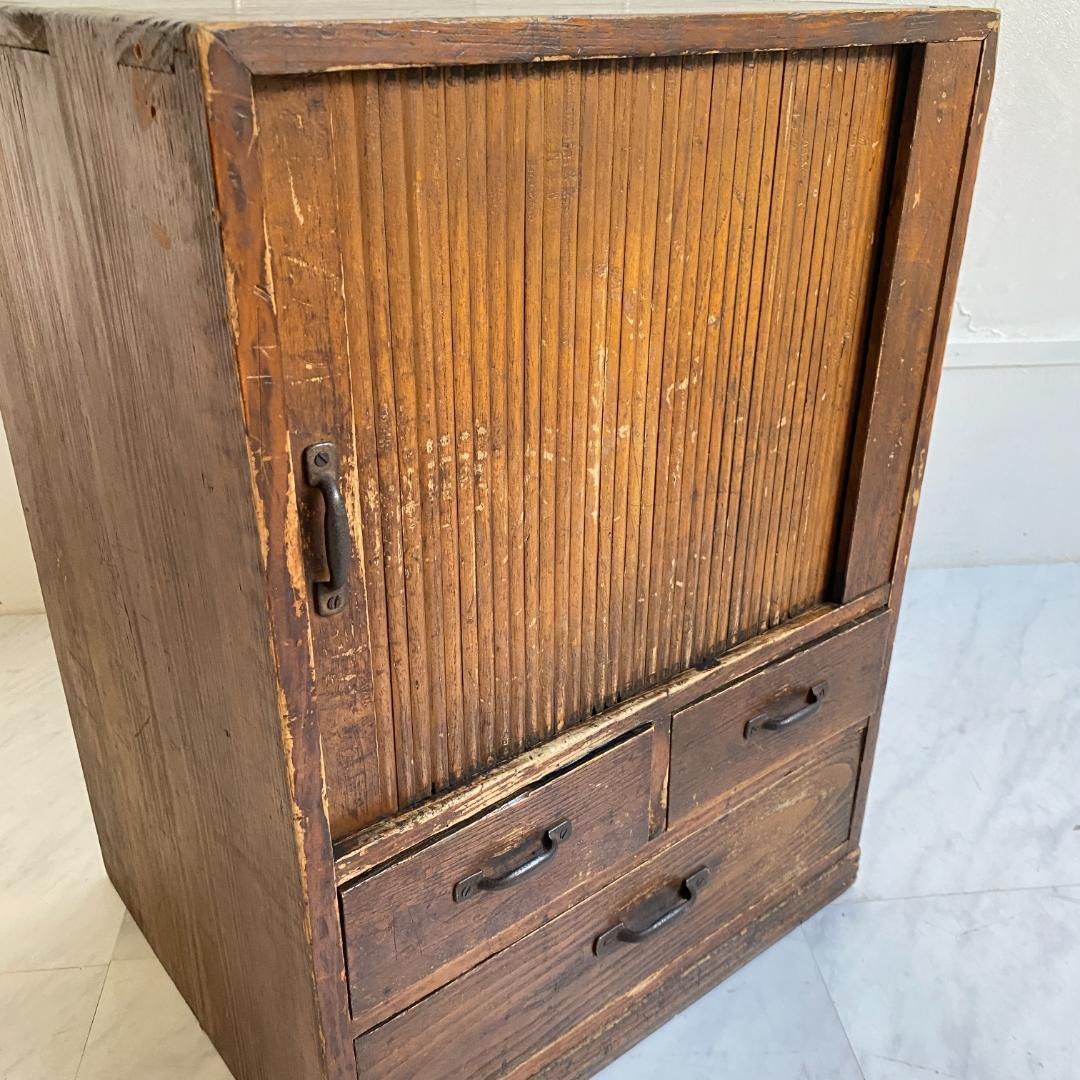希少 アンティーク 蛇腹扉の小振りの棚 小引き出し 古道具