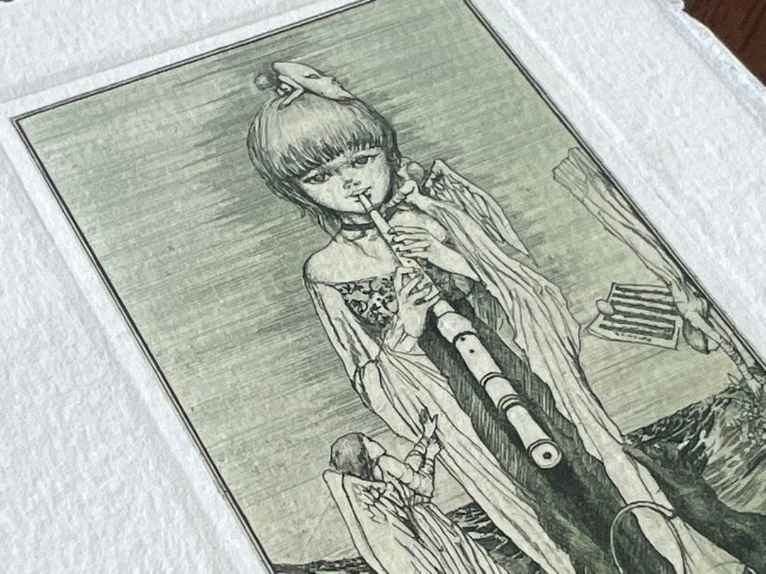 アルフォンスイノウエ リコーダーを吹く少女 銅版画　アルフォンス井上　蔵書票