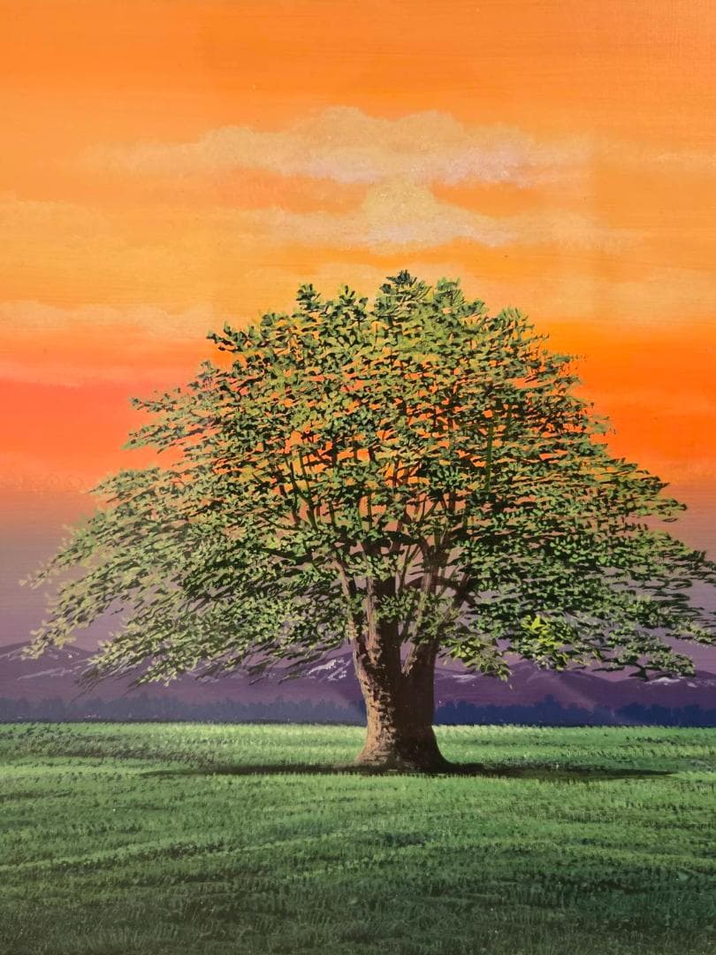 一枚の絵　上代誠　「朝」　肉筆　保証　油彩　約6号　風景画　木　夕日　共箱