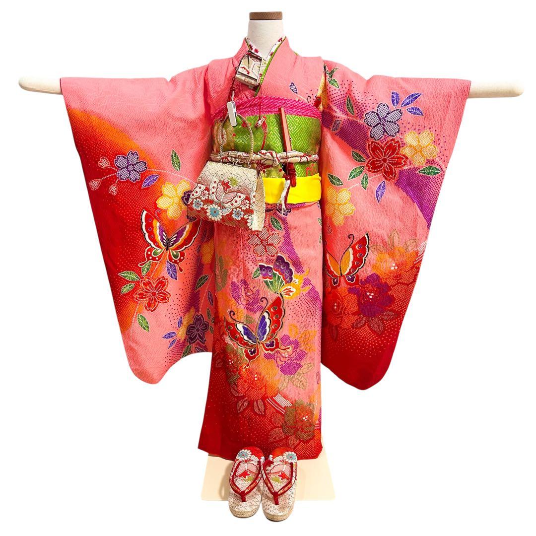 着物　七五三　7歳　女の子　13点　フルセット　ピンク　蝶　花　絞り風柄　刺繍