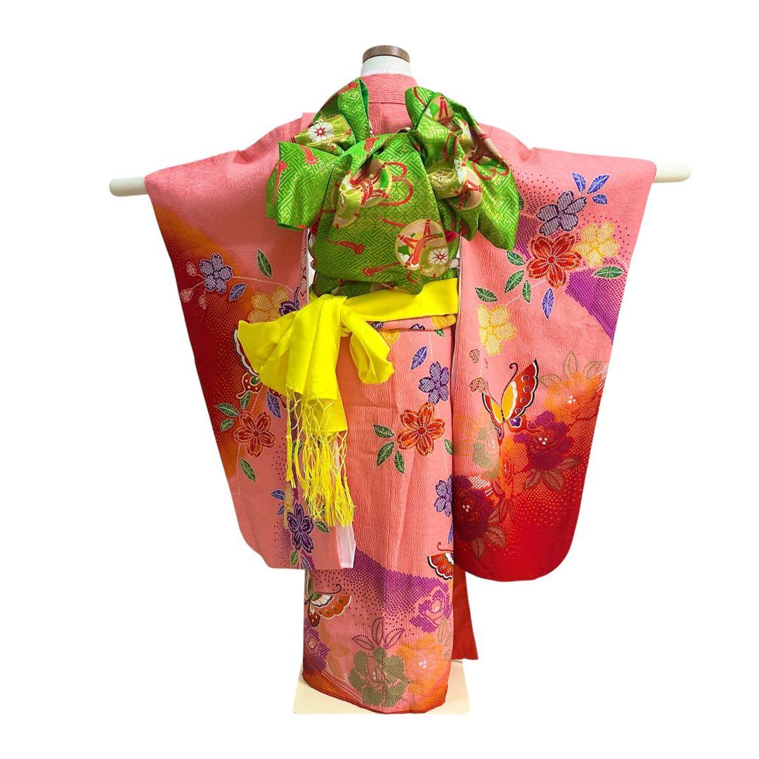 着物　七五三　7歳　女の子　13点　フルセット　ピンク　蝶　花　絞り風柄　刺繍
