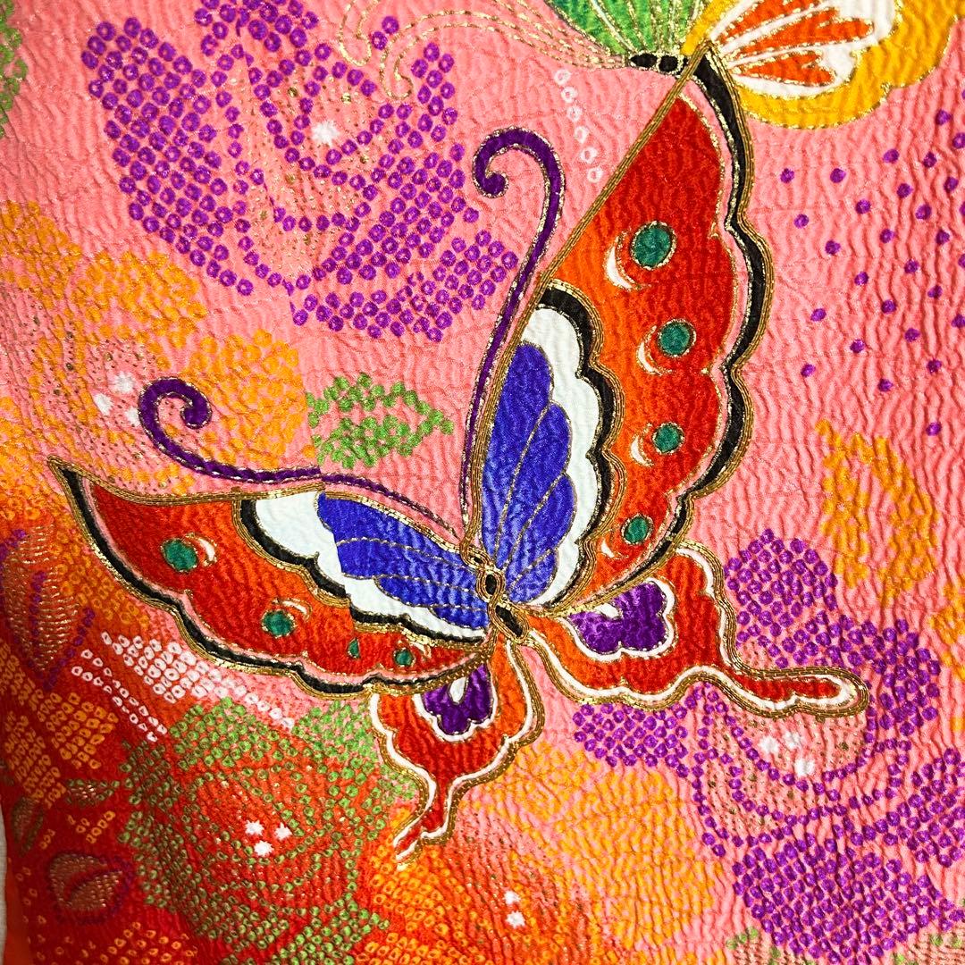 着物　七五三　7歳　女の子　13点　フルセット　ピンク　蝶　花　絞り風柄　刺繍