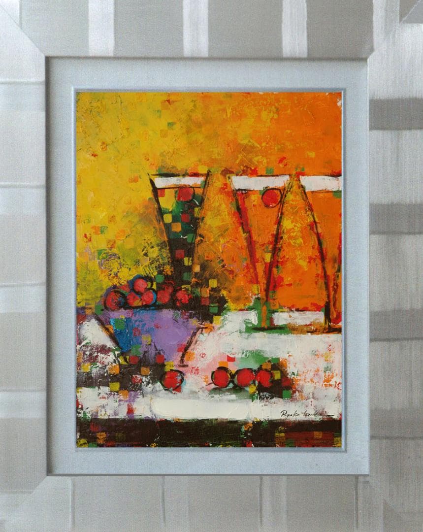 油絵 菅家令子絵 絵画インテリア額付(青緑＋金色の枠)uF6-062804ワイン