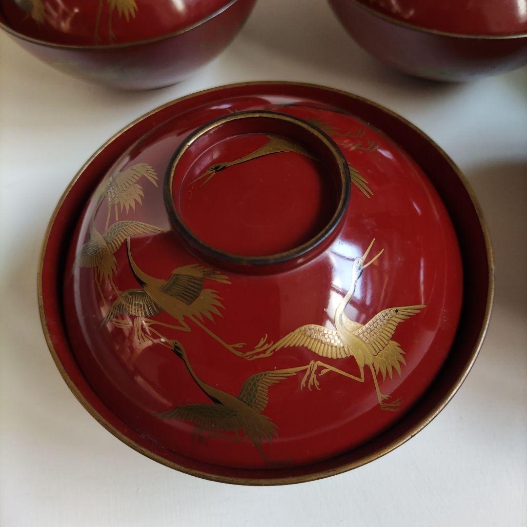 鶴金彩模様の赤漆器蓋付き椀 5個セット