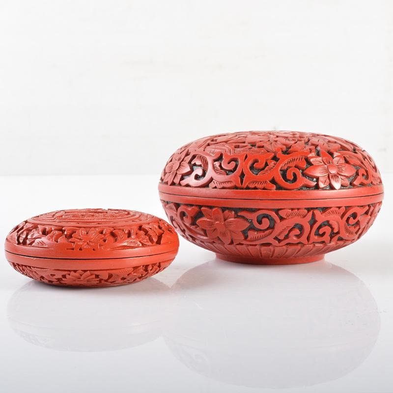 中国　剔紅　堆朱　牡丹文　鳳凰文　蓋物　2点まとめて　V　R6346