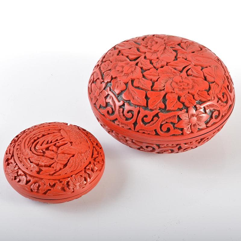 中国　剔紅　堆朱　牡丹文　鳳凰文　蓋物　2点まとめて　V　R6346