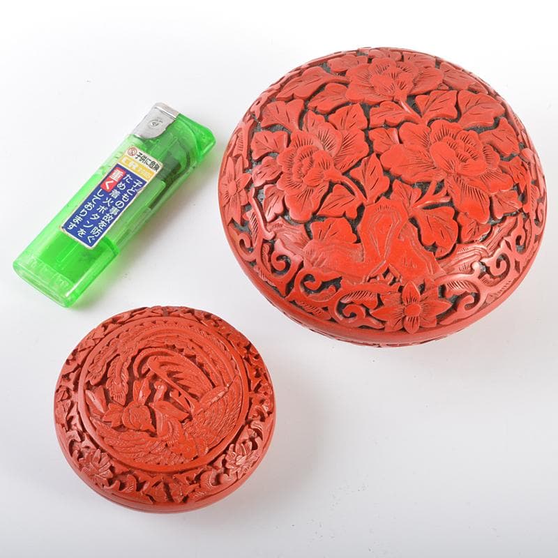 中国　剔紅　堆朱　牡丹文　鳳凰文　蓋物　2点まとめて　V　R6346