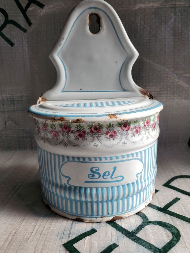フランス　アンティーク　ホーロー　塩入れ　BB社　ローズガーランド