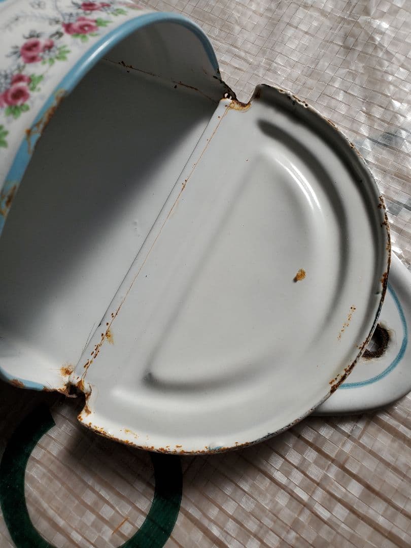 フランス　アンティーク　ホーロー　塩入れ　BB社　ローズガーランド