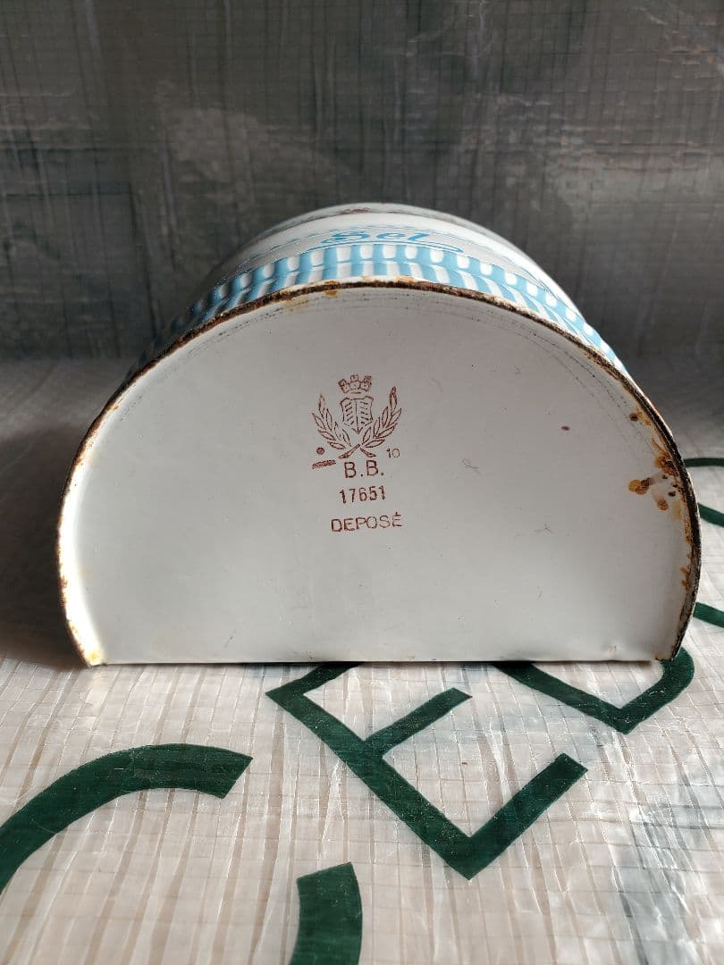 フランス　アンティーク　ホーロー　塩入れ　BB社　ローズガーランド