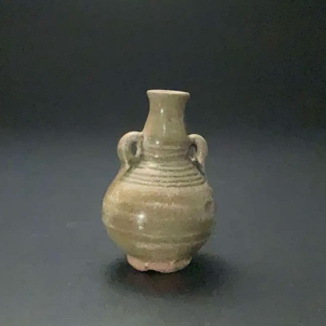 灰釉双耳小瓶　タイ　スンコロク　骨董　R1395ダM