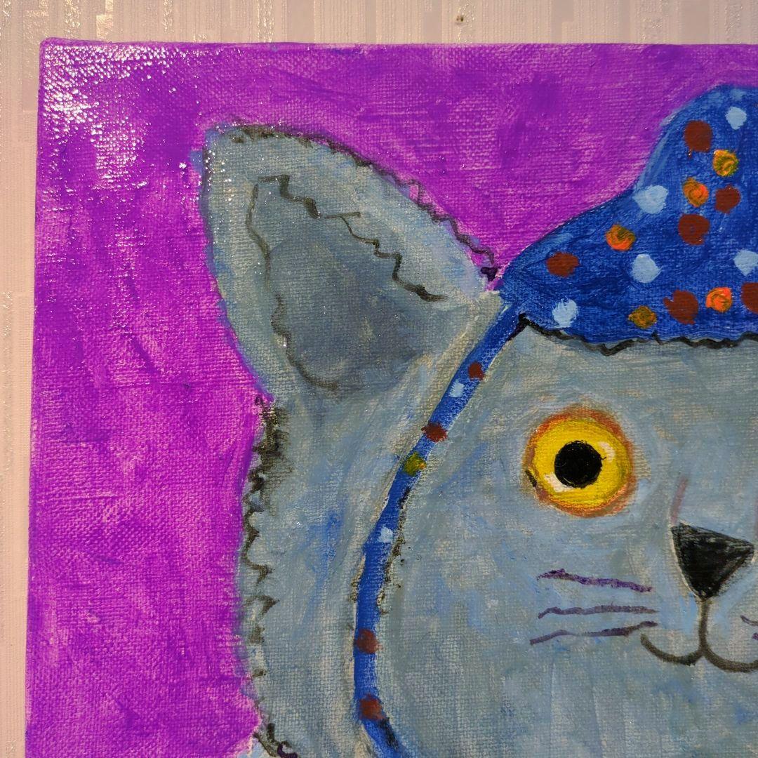 キャンバス油絵　専用　帽子と温かい服を着せてもらったにゃんこ