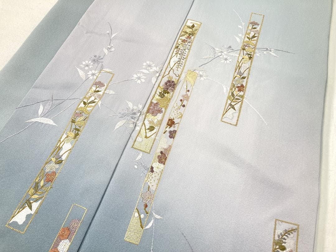 総刺繍 やまと誂製 熨斗 訪問着 袷 正絹 水色 グレー 紫 青 白藍 1395