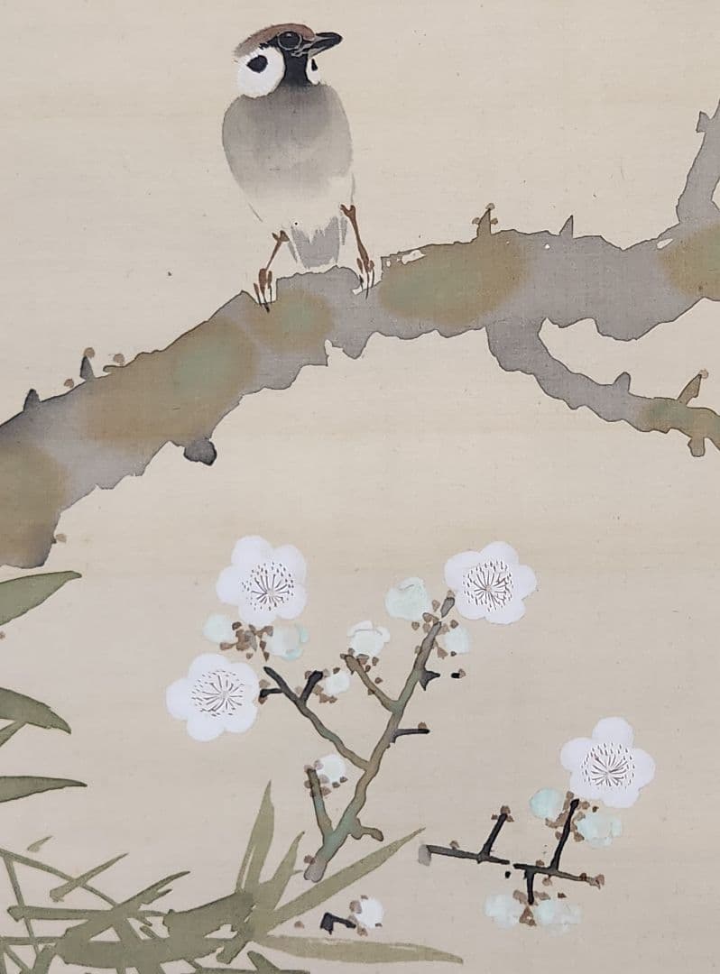 【笹桃に雀図】五島耕畝 2698 掛け軸 肉筆