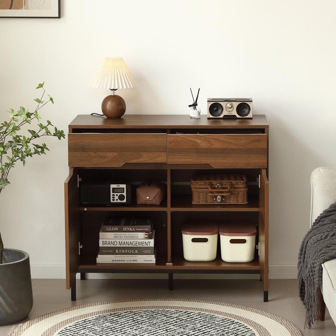 超人気！【幅90cm】キャビネット 木製 脚付き 収納棚 大容量 Brown