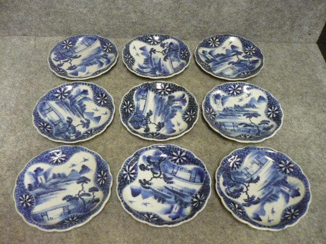 伊万里 風景図 染付 中皿 9枚 [B31421]
