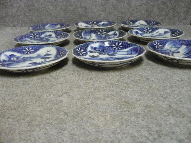 伊万里 風景図 染付 中皿 9枚 [B31421]
