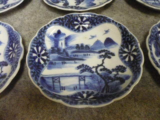 伊万里 風景図 染付 中皿 9枚 [B31421]