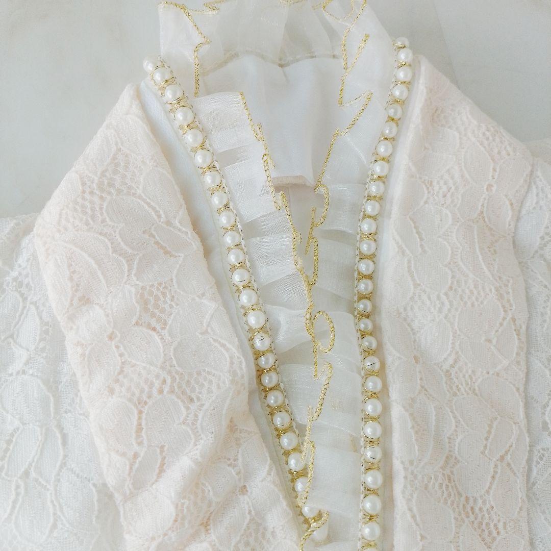 【試着のみ】ホワイトレース振袖 パールとフリルの重ね衿つき　成人式