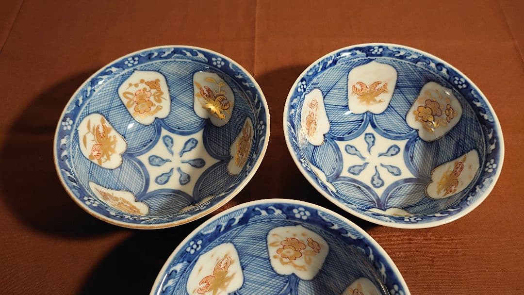 大聖寺伊万里　古伊万里　伊万里　色絵　染付　丸鉢　菓子鉢蔵出し　江戸期　３客