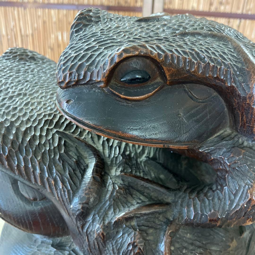 骨董　福かえる　木彫刻　親子かえる　昭和20年頃の作￼Ｎ34KE