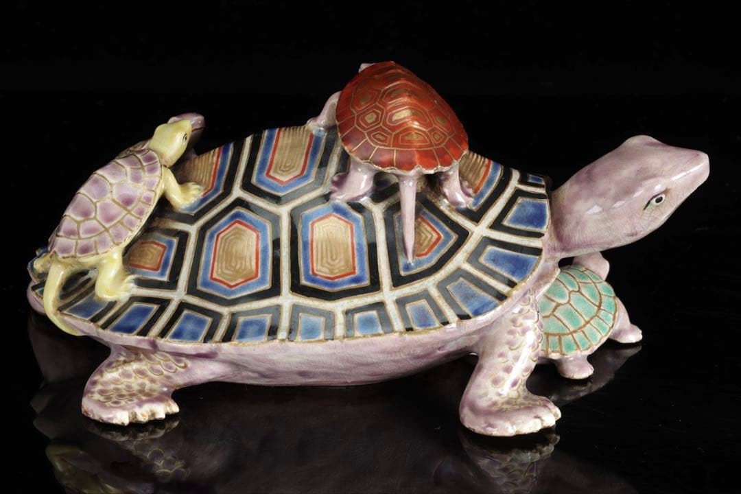 野々村仁清 在銘 色絵親子亀置物 共箱 京焼 細密造形 縁起物 古美術 骨董品