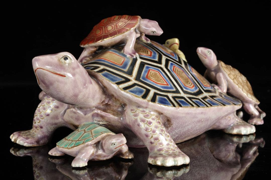 野々村仁清 在銘 色絵親子亀置物 共箱 京焼 細密造形 縁起物 古美術 骨董品