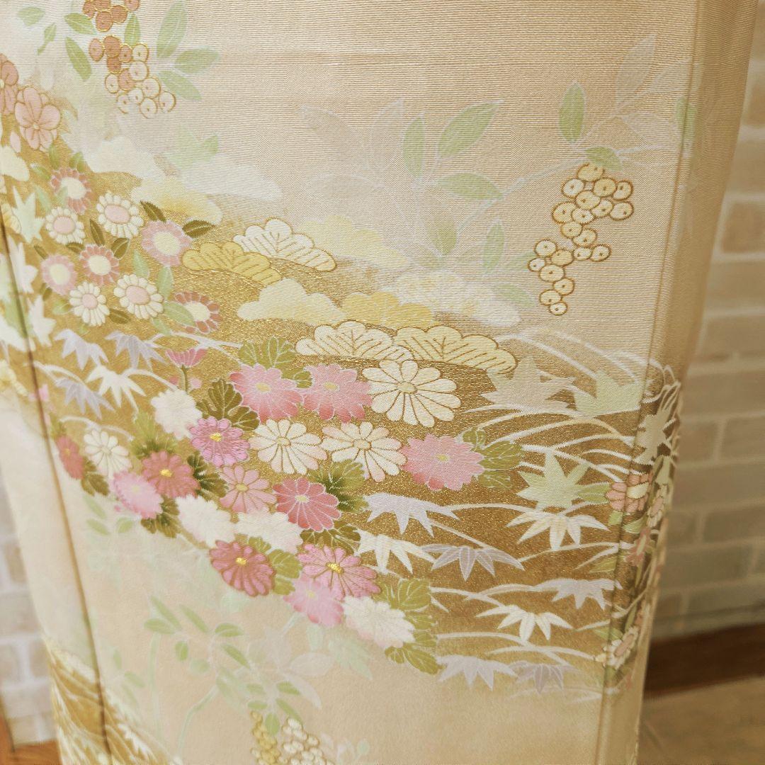 トールサイズ訪問着4点フルセット、着物、袋帯、帯締め、帯揚げ、 ベージュ系