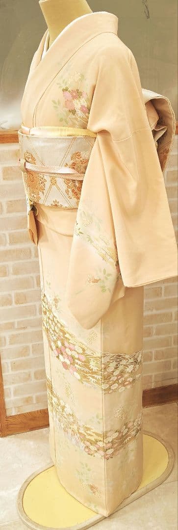 トールサイズ訪問着4点フルセット、着物、袋帯、帯締め、帯揚げ、 ベージュ系