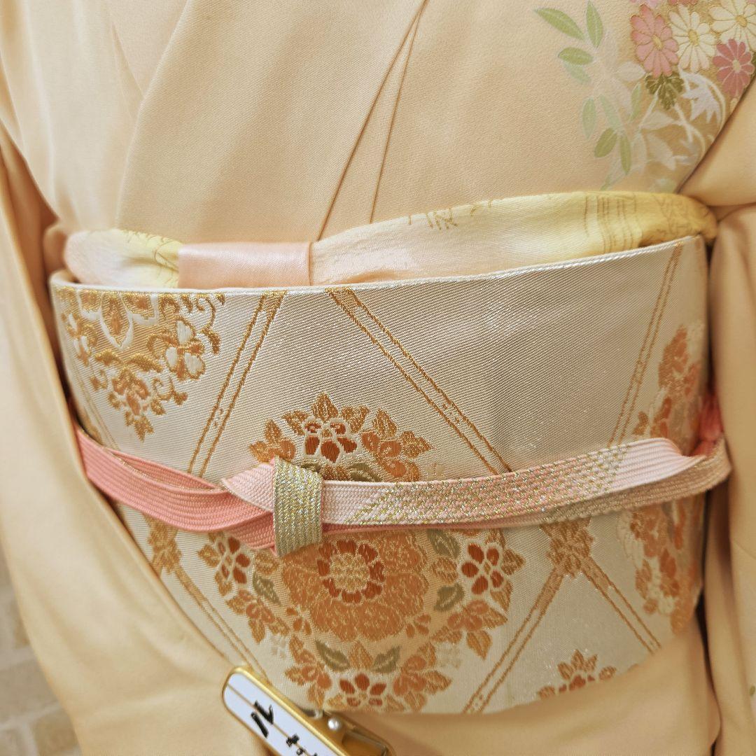 トールサイズ訪問着4点フルセット、着物、袋帯、帯締め、帯揚げ、 ベージュ系