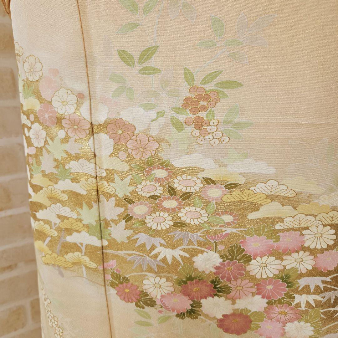 トールサイズ訪問着4点フルセット、着物、袋帯、帯締め、帯揚げ、 ベージュ系