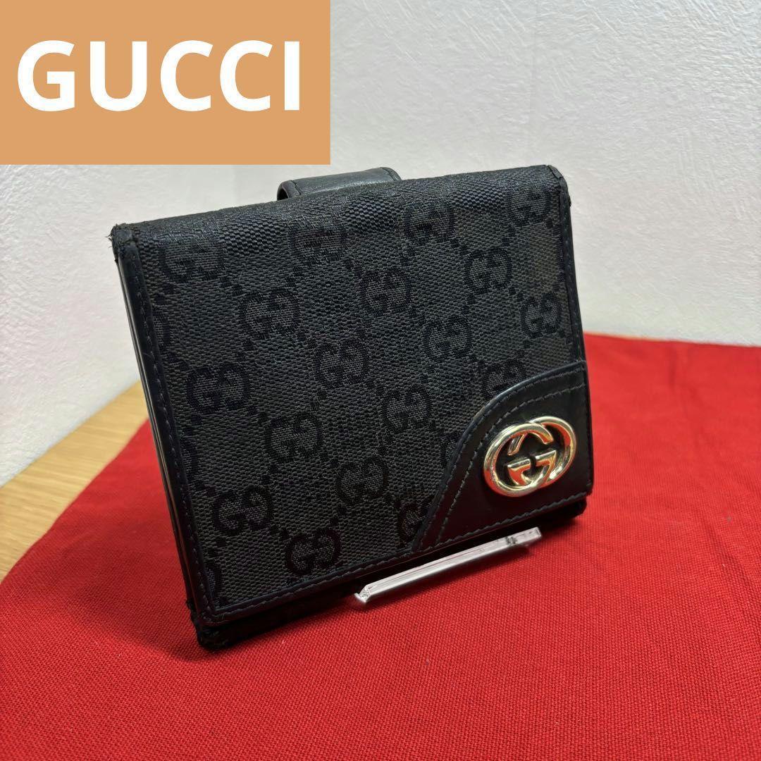 GUCCI グッチ インターロッキング Wホック 二つ折り GG BLACK