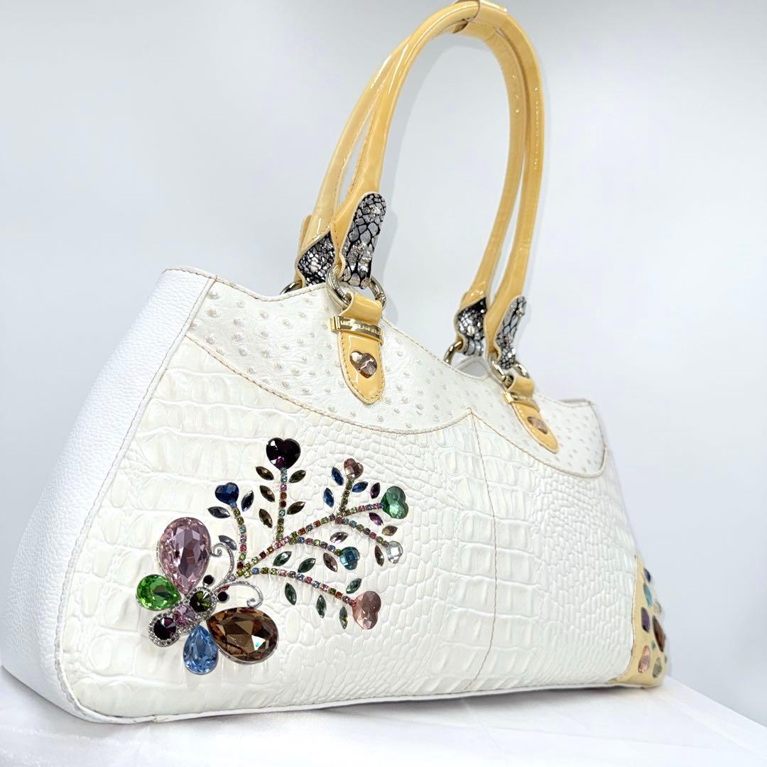 ✨良品✨ ミケランジェロ ビジュー 装飾 型押しレザー トート ハンドバッグ