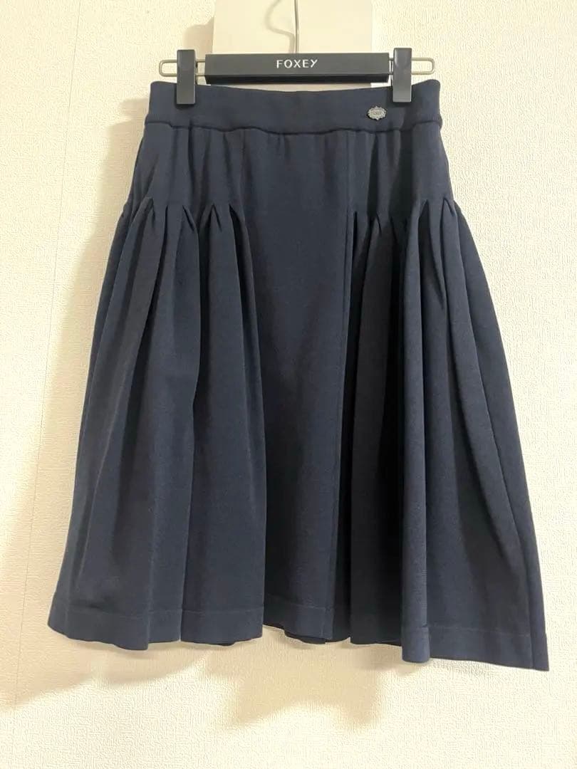 極美品⭐︎FOXEY ネイビーフレアスカート ウエストゴム　膝丈